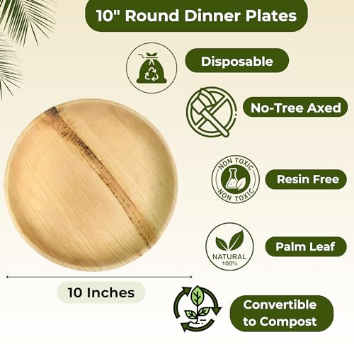 10 Inch Round Palm Leaf Plates (Pack of 50) | Compostable Bamboo Plates for Parties | Wedding and Birthday Party Supplies