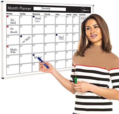 Timeminder® Magnetic Drywipe Whiteboard Monthly Planner 90 x 60 cm with Aluminum Frame - Wall Mounted for Office, Home, School (Month Planner)