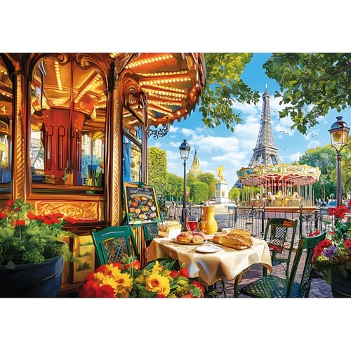 2000 Piece Puzzle for Adults, Romantic Paris Street Scene with Eiffel Tower, Carousel, and Café, Challenging Jigsaw Puzzle Gift for Travel and Art Lovers, Finished Size 39' x 28'