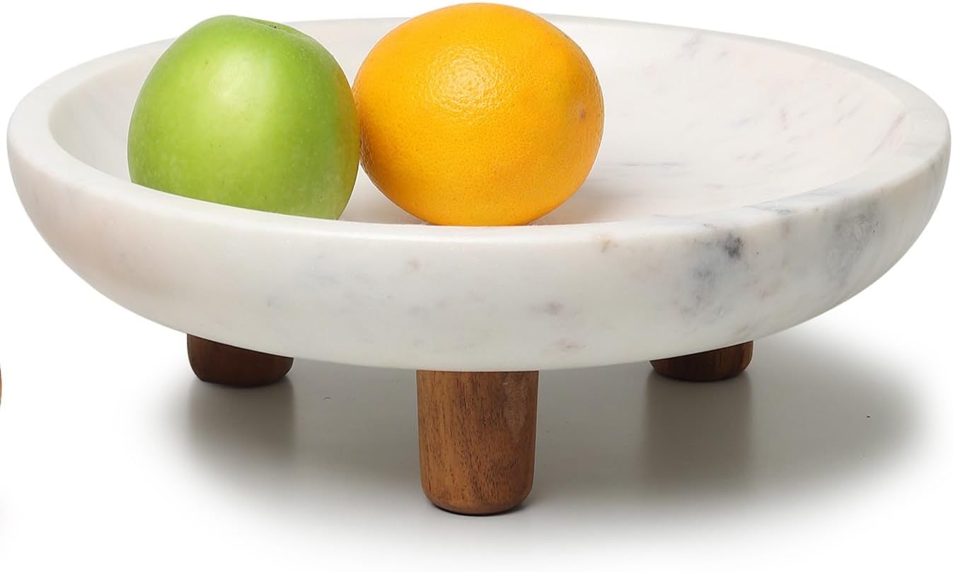 Marble Fruit bowl with three wood legs | 11.8 inch dia fruit bowl for kitchen counter | Use as centerpiece for dining table, key bowl for entryway table, or potpurri/decorations (Large)