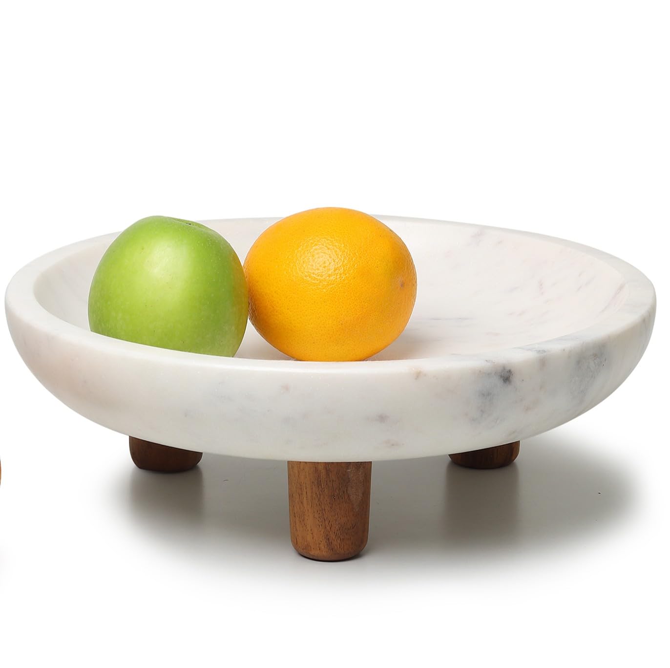 Marmor-Obstschale mit drei Holzbeinen, Obstschale für Küchentheke, 30 cm Durchmesser, Verwendung als Tafelaufsatz für Esstisch, Schlüsselschale für Dielentisch oder Potpurri/Dekorationen (groß)
