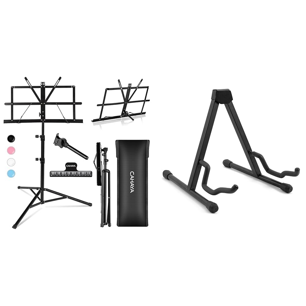 CAHAYA 2-in-1 Leggio Spartiti Musicali & Supporto da Tavolo & TIGER GST7-BK Supporto universale pieghevole per chitarra A-Frame per chitarra elettrica, acustica, classica e basso