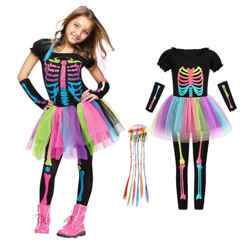 CLIUNT Disfraz de Esqueleto Halloween Monos Tutú con Fascinantes Extensiones de Pelo, Kinder Knochen Halloween Skelett Kostüm, Muchachas Víspera de Todos los Santos Bruja Disfraz