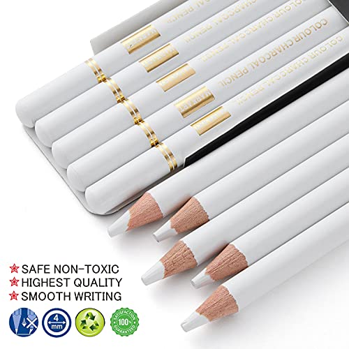 Markart Professional White Charcoal Pencils Drawing Set 5 Pieces Sketch Highlight White Pencils For Drawing, Sketching, Shading, Blending, White Chalk Pencils For Beginners & Artists #TOP1