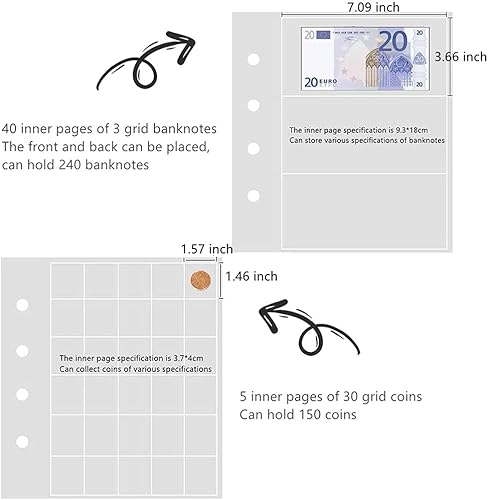 Miniatura 4 de Primst - Soporte para monedas de piel, para coleccionistas, 150 monedas y 240 unidades de dinero, soportes de colección de monedas.