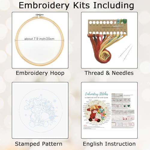 Image of Nuberlic Highland Cow Embroidery Kits for Beginners with Flowers Pattern, DIY Cross Stitch Starter Kits for Adults Including Cloth with Pattern, Hoop, Needles Instruction and Threads