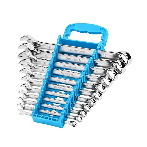 DURATECH 11-Piece Combination Spanner Set, Metric Open End Combination Wrench Set, Chrome Vanadium Steel, 8-19mm, 12-Point, with Plastic Rack