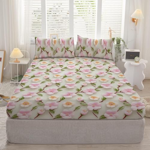 DECOMIZER 300TC Cotton Feel Glace Cotton Elastic Fitted 7D Printed King Size Double Bed Bedsheet with 2 Pillow Covers Fits Upto 8 inches Mattress,72x7