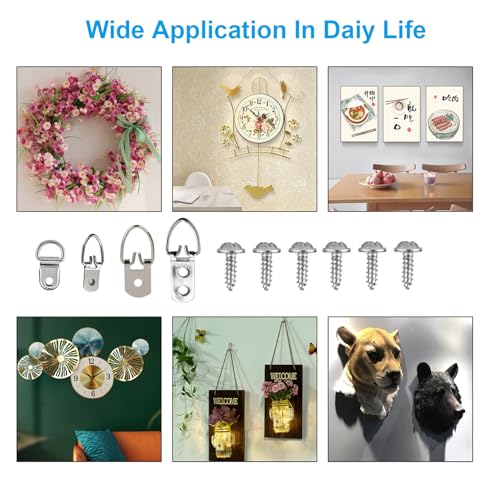 Image of D Ring Picture Hangers Kit, YHYZ D-Ring Picture Hanging Hooks (4 Sizes) with Screws, Hanging Wire Included, for Wooden Frame Mirror Clock Canvas Wall Decor