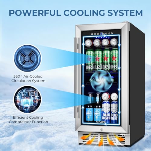 Image of 15 Inch Beverage Refrigerator Under Counter, 130 Cans Beverage Fridge Built-in or Freestanding, 15 inch Drink Cooler with Glass Door, Blue LED Light, Safety Lock - for Home /Kitchen(3.1 cu.ft)