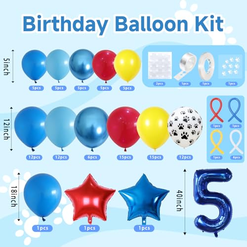 Image of 5th Birthday Decorations Boy, Dog Paw Fifth Birthday Balloons Arch with Red Blue Yellow Long Latex Balloons and Number 5 Balloon Star Foil Balloon for Paw Party Supplies
