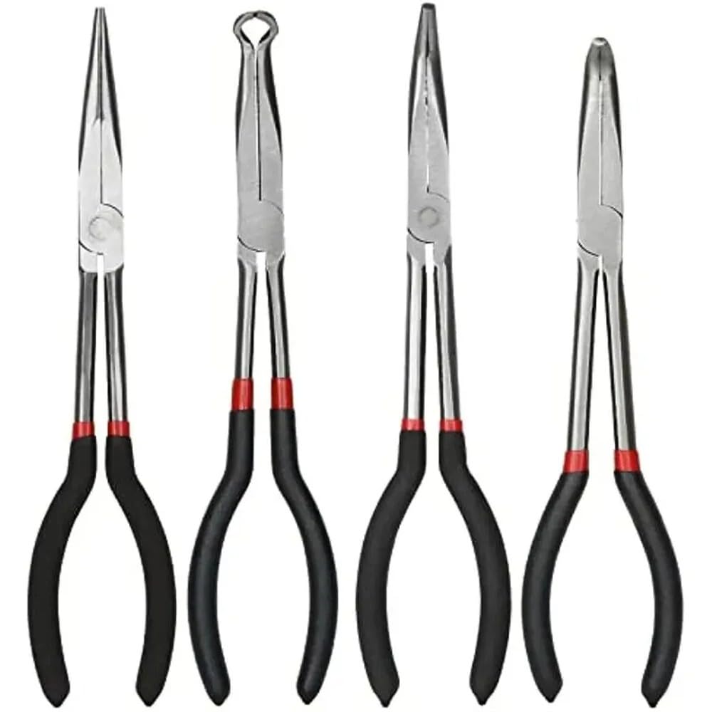 Zestaw długich szczypiec igłowych, 28 cm, stal węglowa, z gumowanymi uchwytami do naprawy samochodów, tworzenia biżuterii, rzemiosła, 4 szt
