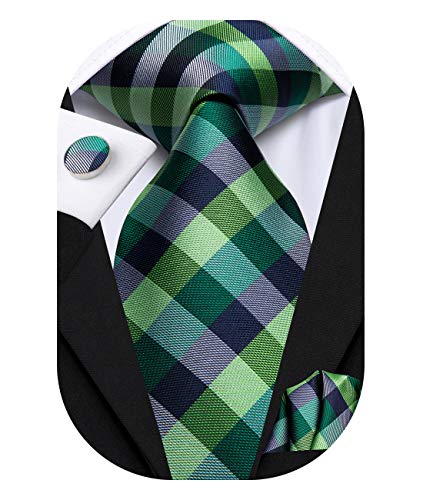 Hi-Tie Black and Green Necktie Plaids Checks Silk Jacquard Ties with Pocket Square Cufflinks