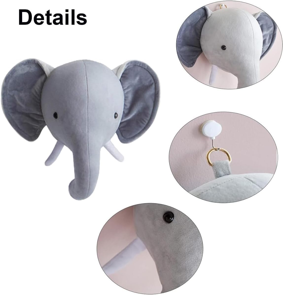 Animal Head Wall Decor Plush Stuffed Animal Head Wall Mount, Nursery, Playroom, or Bedroom Décor, Wall Hanging (elephant)