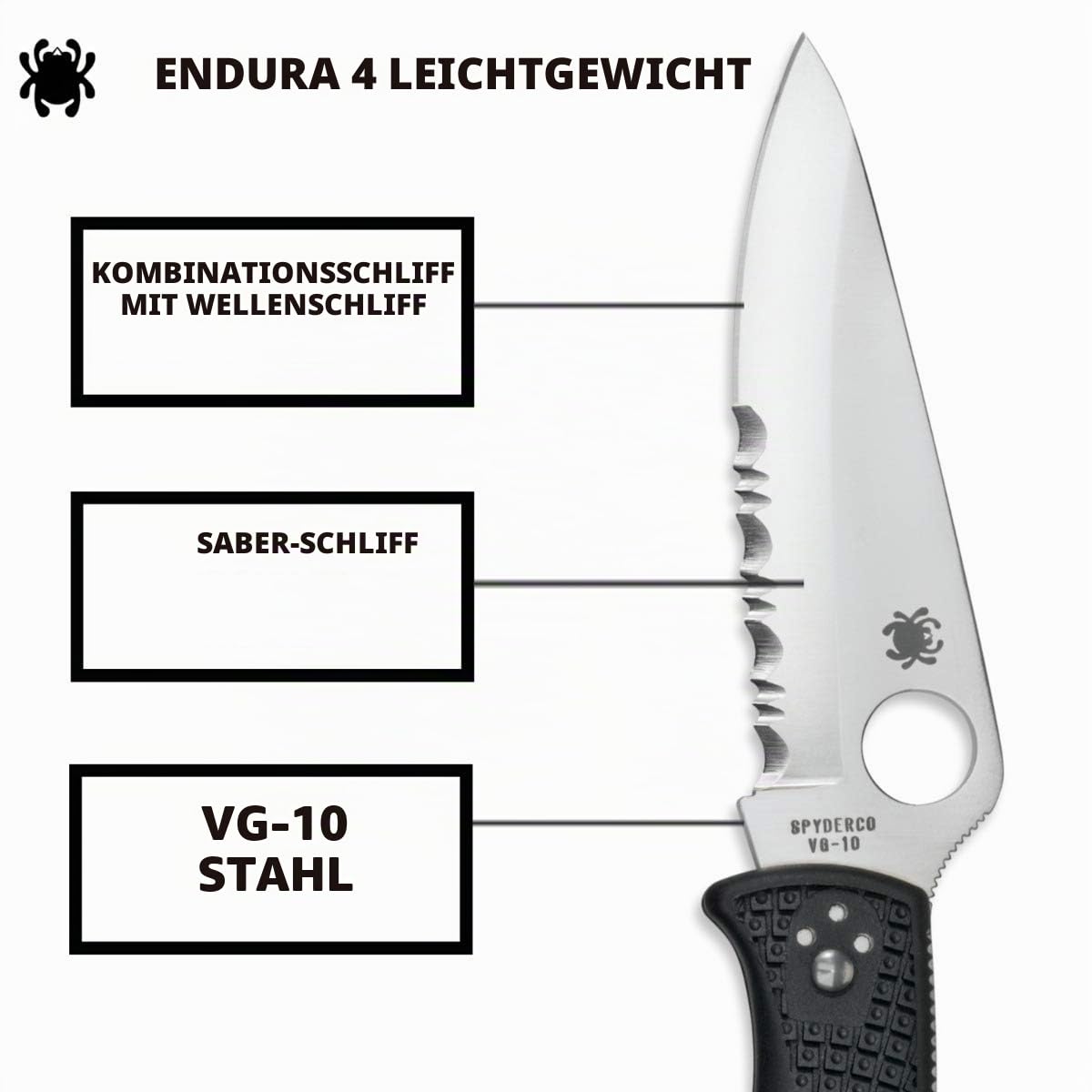 Spyderco C10PSBK Taschenmesser Endura 4 Lightweight, schwarz, 01SP116 , | Schwarz, 22,1 cm Gesamtlänge, 9,7 cm VG-10 Stahlklinge, FRN-Griff, Rückenverriegelung, Säbelmahlwerk
