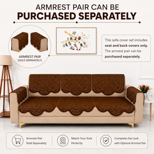 Image of Homerz Premium 'Surya Series' Sofa Cover | Stylish Sofa Protector | Net Fabric | Anti-Stain & Washable Slip Cover Exact Size Antislip (Flower Valley Brown, 6 (3+2+1) Seater, Seat Cover with Backrest)