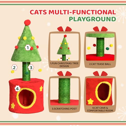Árbol de gato navideño con casa y poste rascador 30in miniatura 4