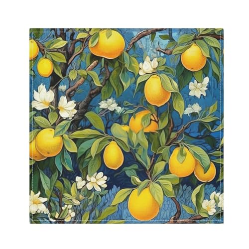 ALAZA Kitchen Cloth Napkins Set of 6, Lemon Flowers on Blue Background Soft Reusable Washable Table Napkins for Home Holiday Party Wedding 20 x 20 Inch