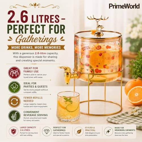 Image of PrimeWorld Glass Beverage Dispenser - 2.6 litres | Vintage Drink Dispenser Jar with Tap & Lid | Ideal for Juice, Water, Iced Tea, Lemonade & Party Beverages
