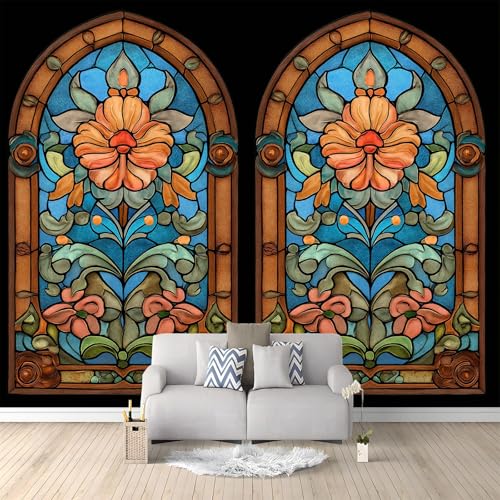 Papel pintado fotográfico clásico floral vintage, 250 x 175 cm, no tejido, impresión artística de alta calidad, póster decorativo, diseño de imagen de Feuilles Tournesol Vitrail