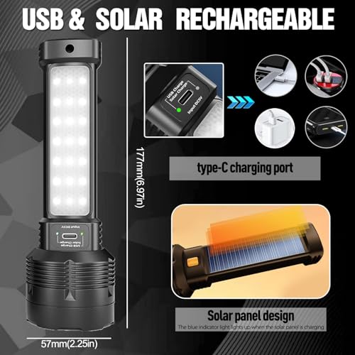 Image of Rechargeable LED Solar Torches, USB Rechargeable Torch, 1200 mAh Bright Flashlight with 3 Lighting Modes, Portable IPX4 Waterproof LED Torches for Camping /Emergency
