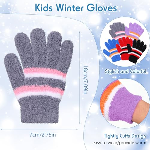 Crowye 50 Pairs Kid Gloves Bulk Winter Full Fingers Knitted Fleece Warm Colorful Fluffy Stripe Stretchy Gloves3