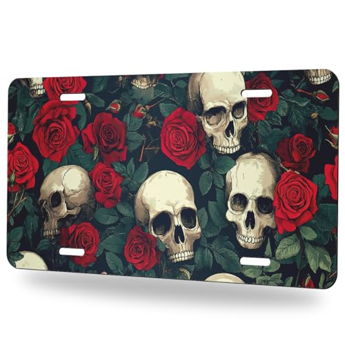 Skull Front License Plate Rose Vintage Gothic Art Red Black Green Aluminum Decorative License Plates Funny Novelty Vanity Tag Cover 12×6 Inch Car Decor Accessory with 4 Holes for Men Women