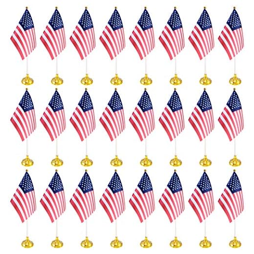 BCLin 24 Pack USA US Desk Flags,Small Mini American Deluxe Table Flags Set with Stand Base,8.2 x 5.5 inches Miniature Desktop Flag