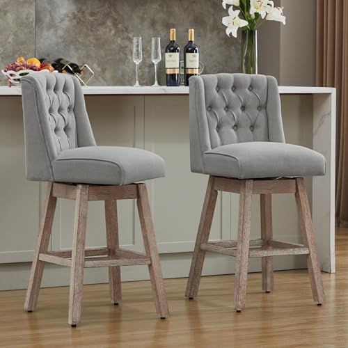 Image of Counter Height Bar Stools Set of 2, 360Swivel Bar Stools with Back and Wood Legs, 28.5 inch Morden Linen Fabric Upholstered Barstools for Kitchen Island Dining Room Bar, Grey