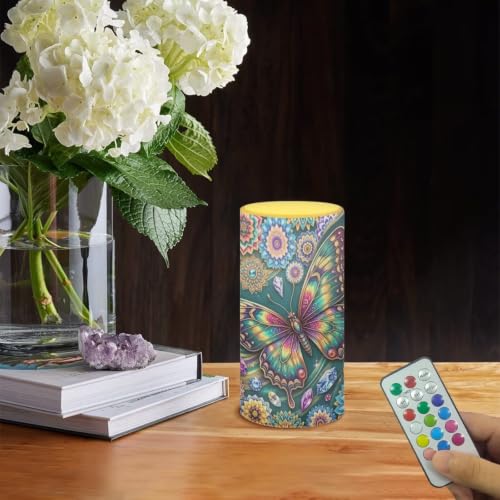 Image of Poceacles LED Flameless Candles Battery Operated Candles with Remote Control Timer Flickering Wick Pillar Tealight for Home Outdoor Decor, Boho Floral Butterfly Blue