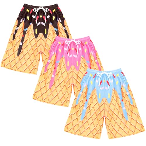 3 Pcs Ice Cream Drip Waffle Drip Quick Dry Baseball Shorts Swim Trunks Athletic Gym Shorts with Drawstring Waist for Summer Sports Baseball Basketball Football Golf Outdoor Homewear, 10-12Y