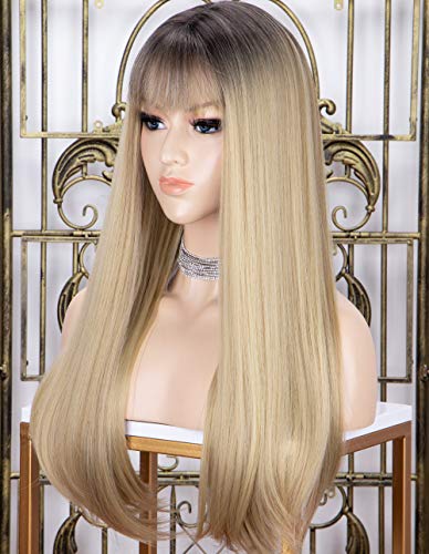 K'ryssma Ombre Blonde Wig with Dark Roots Glueless Straight Long Synthetic Wigs with Cute Bangs Heat Resistant Hair for Daily Wearing