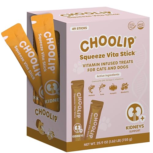 Choolip Squeeze Vita Stick Lickable Cat and Dog Treats 49-Count Kidney Support Variety Pack Tuna and Pollack with Pumpkin Blueberry and Omega-3