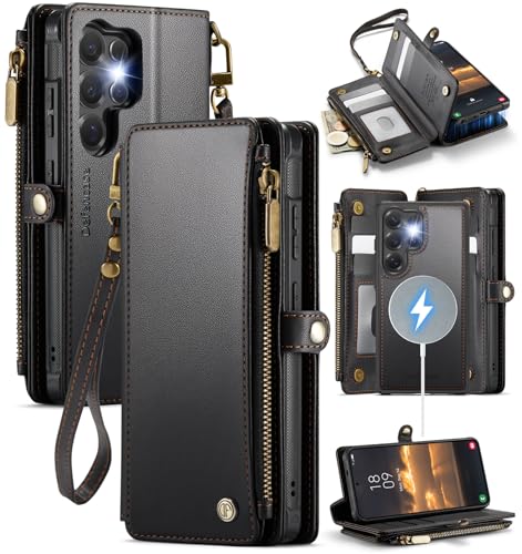 Coque Samsung S24 Ultra amovible en cuir pour femme avec fermeture éclair et rangement cartes