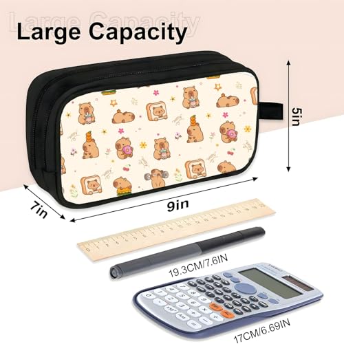 Image of WOBAGMEN Double Layer Pencil Case with Handle Large Pencil Bag Cute Print Pencil Pouch for Boys Girls (Capybara Bread)