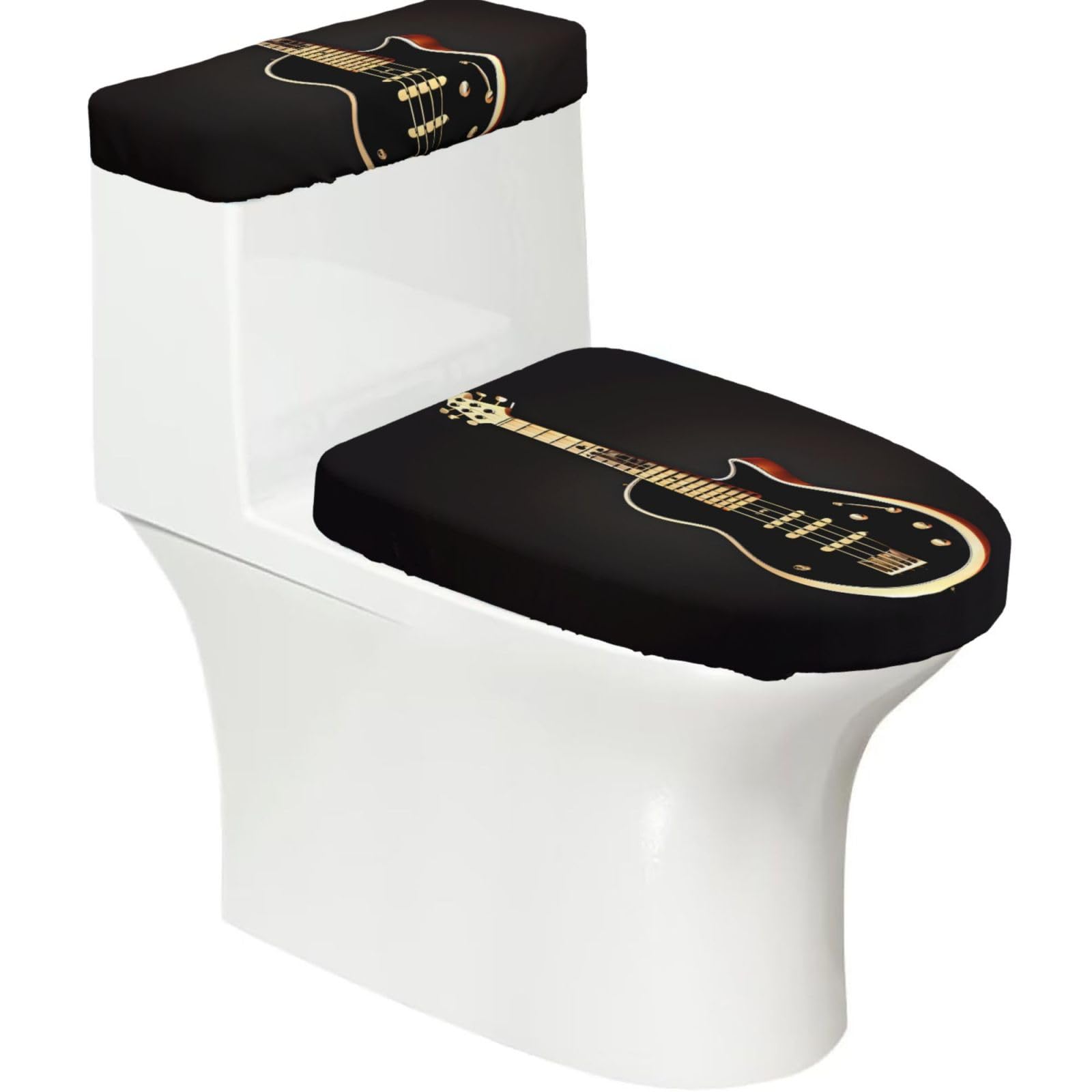 Cntdbu Black Guitar Stretchy Toilet Lid And Tank Cover Set-Soft Elastic Bathroom Decor For U Shape Oval