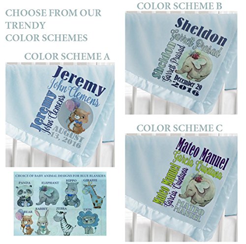 Personalized Baby Blanket (Light Blue - Personalized) Super Soft Micro Plush Fleece With Satin Trim With Name Elephant Giraffe Cute Bear Panda Animal Designs #TOP1