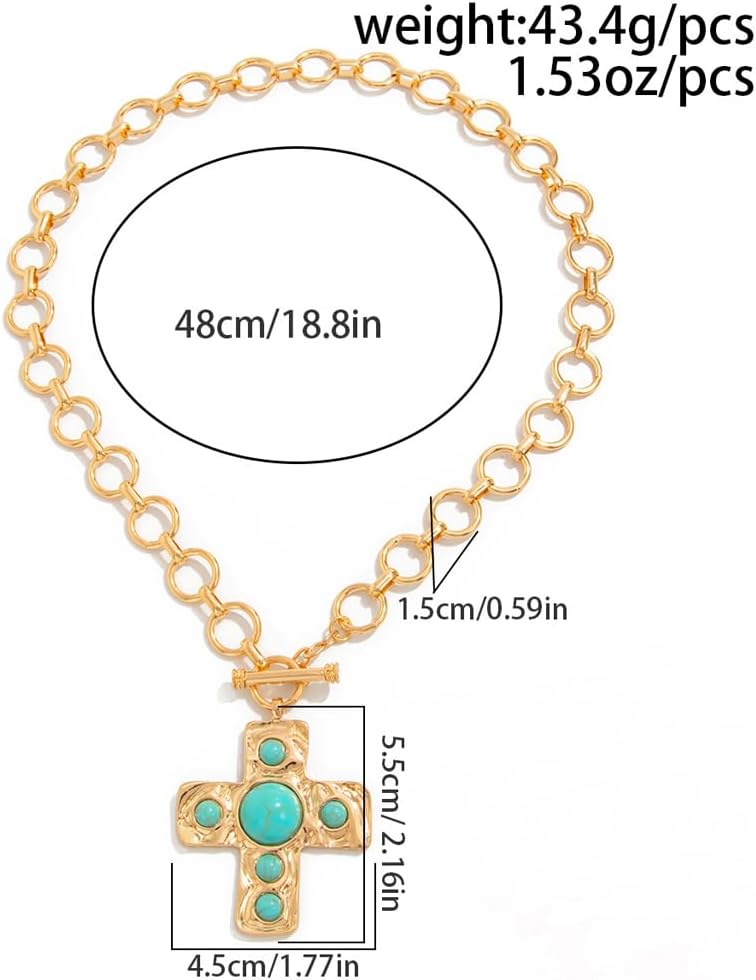 FUTIMELY Gold Chunky Turquoise Cross Necklace,Boho Statement Cross Pendant Thick Necklace for Women,Vintage Trendy Western Country Jewelry Accessories - Image 4