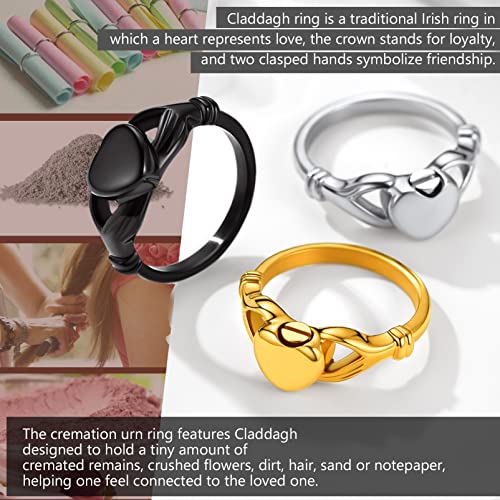 Image of Memorial Keepsake Urn Rings for Ashes Hair for Women Men, Claddagh Heart Ring, Rose Ring, Cremation Jewelry, Black /18K Gold Plated Stainless Steel, Size 6-11, Come with Box