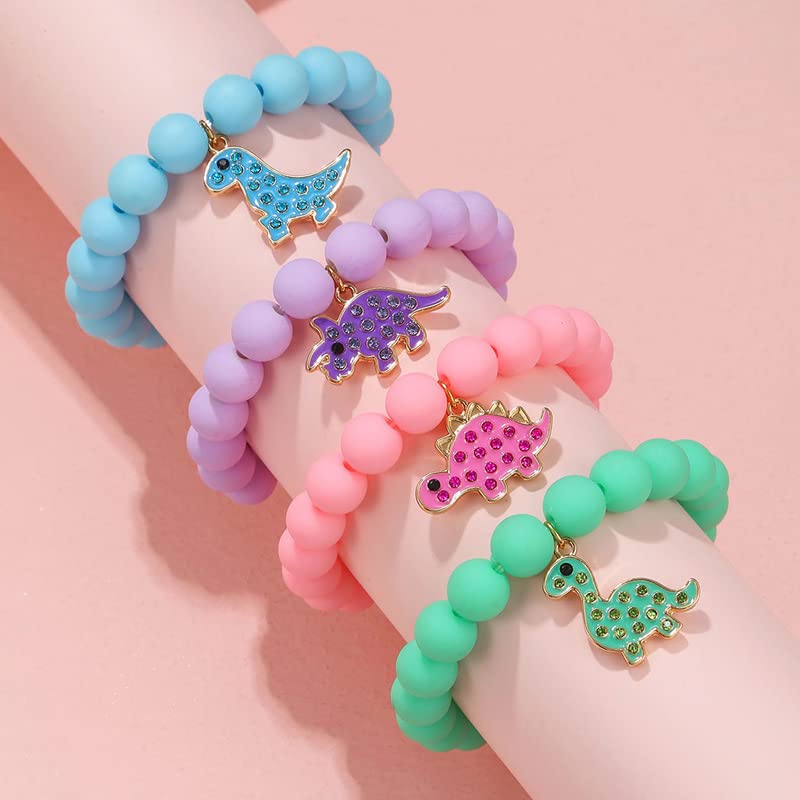4Pcs Blingbling Macaron Crystal Bead Bracelets Kawaii Cartoon Enamel Dinosaur Fruits Flower Bracelet for Women Qute Best Friend Friendship Jewelry Birthday Graduation Gifts2
