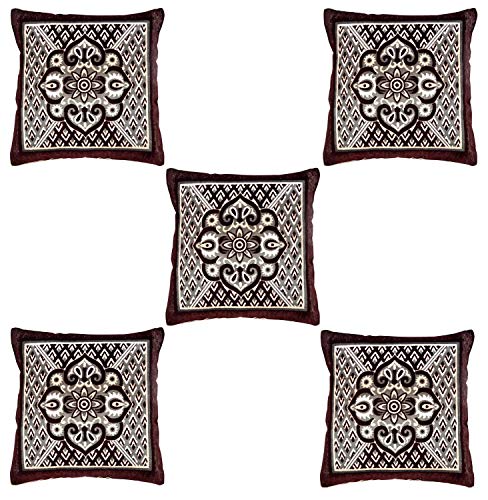 Image of Nendle Jacquard Weaved Decorative Velvet Cushion Cover /Sofa Pillow Cover Set of 5 Pieces (Brown, 16x16 Inches)-500 TC