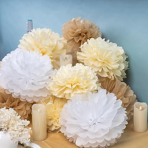 Boho Tissue Paper Pom Poms Champagne Neutral Party Decorations Creamy White Light Brown Paper Flowers for Wedding Birthday Engagement Receptions Boho Bridal Baby Showers Party Supplies -15pcs - Thumbnail 5