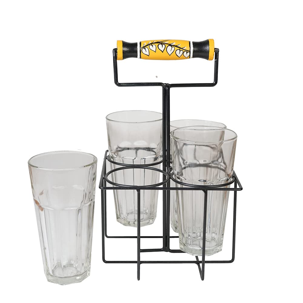 Artysta 'Leafy Branch' Transparent Juice Glasses with Stand | Big Glass Set for Water Mocktail Beer Lassi | Glass Organizer Set of 4 (400 ml) - Image 2 thumbnail