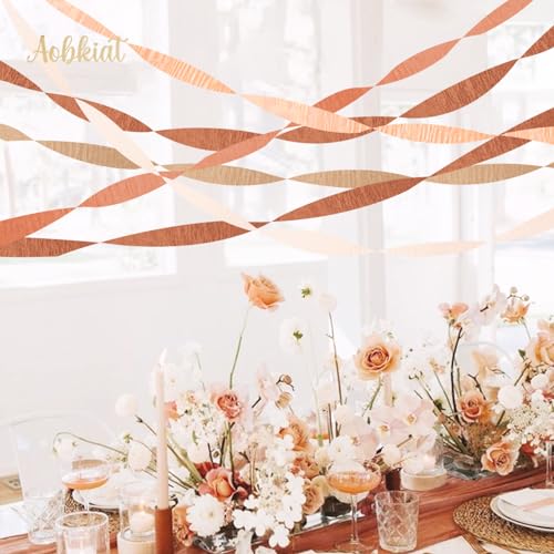 Image of AOBKIAT Brown Boho Streamers Party Decorations for Fall Party,Thanksgiving | 5 Rolls Crepe Paper in Dusty Orange Brown,for Halloween,Autumn Birthday Baby Shower Rustic Wedding Party Backdrop