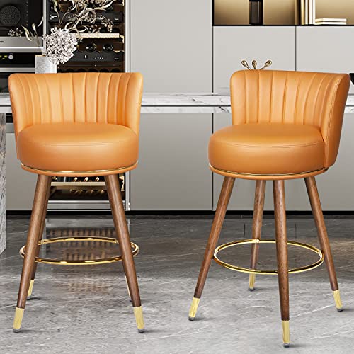 Seekfancy 27" Swivel Bar Stools Set Of 2, Counter Height Bar Stools With Back, 360 Swivel Bar Chairs With Wood Legs And Footrest, Upholstered Orange Bar Stool For Kitchens Island, Rustic Bar, 300Lbs #TOP2