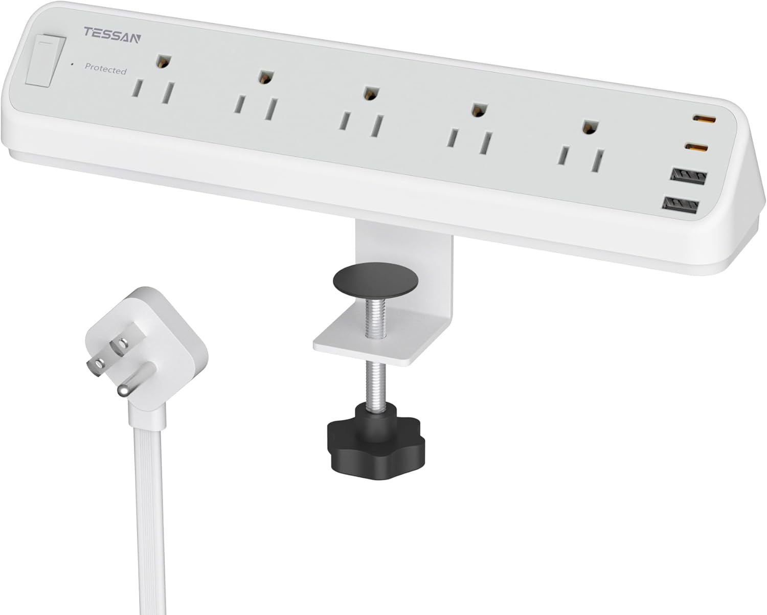 TESSAN Desk Clamp Power Strip 6 Ft, 2100J Surge Protector, 5 Outlets and 4 USB Ports (2 USB C), 1875W, 15A, Flat Plug Extension Cord with Multiple Outlets for Gaming Home Office Dorm Room