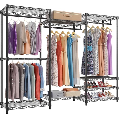 VIPEK V5 Portable Closet Wardrobe Heavy Duty Clothes Rack, Freestanding Clothing Rack with 4 Hang Rods & 8 Shelves, Adjustable Closet Racks, 68.9″ L x 15.7″ W x 76.4″ H, Max Load 890LBS, Black