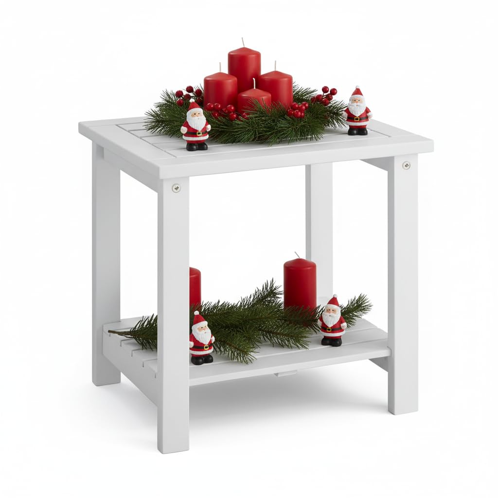 DPWOODON 2-Tier Adirondack Outdoor Side Table, 16.6" Acacia Weather-Resistant End Table with Shelf for Patio, Garden, Lawn, Living Room (White)