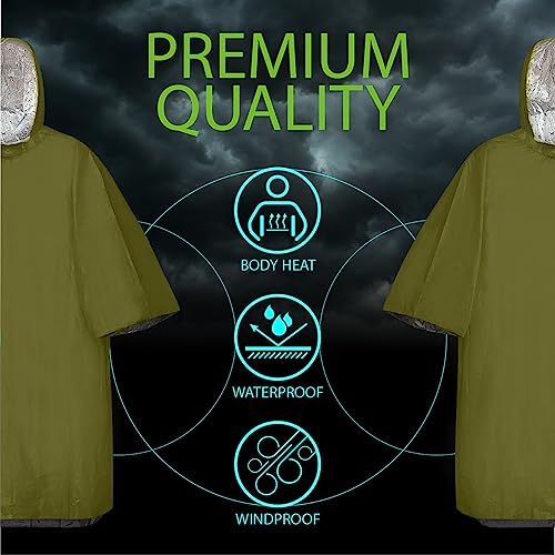 Image of FosPower Emergency Rain Poncho [4 Pack] [Retains 90% Body Heat] Reusable Weather Resistant Raincoat for Men, Women, Adults, Camping, Hiking, Emergency Supplies & Survival Kits (Green)