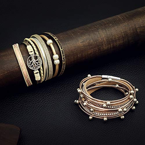 Suyi Multilayer Leather Bracelet Set 2 Pieces Beads Wrap Bracelet Wrist Cuff Bangles with Magnetic Buckle for Women - Image 7